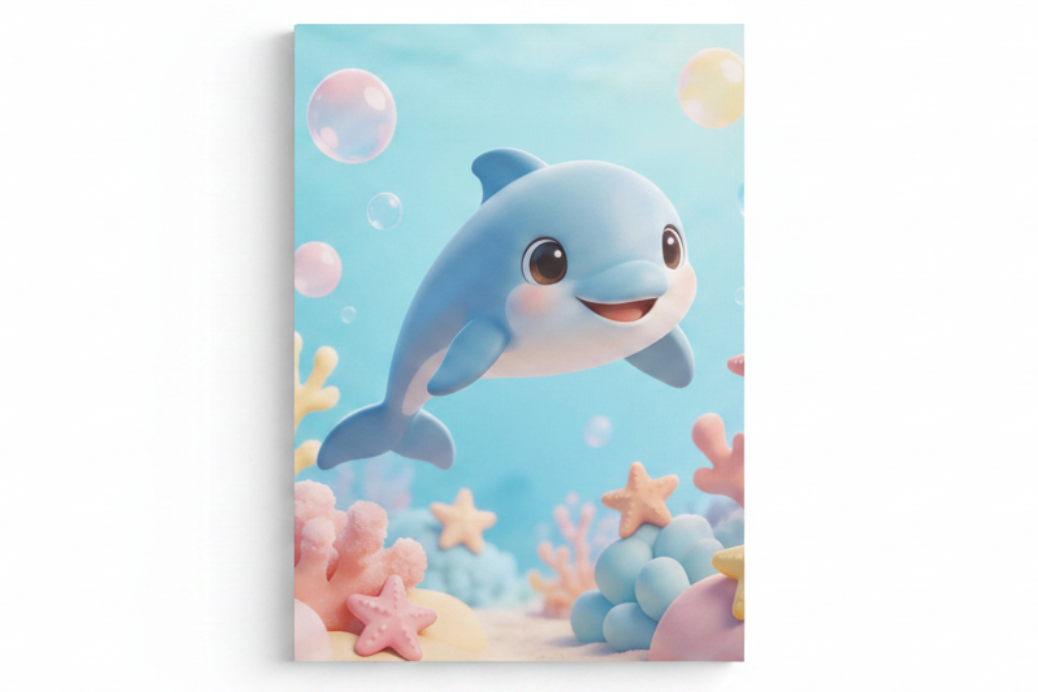 Cute dolphin canvas print flat lay on white background, top-down overhead view, no frame - Portugal Canvas Co