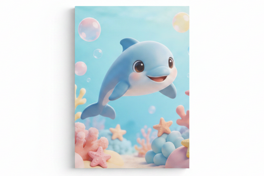 Cute dolphin canvas print flat lay on white background, top-down overhead view, no frame - Portugal Canvas Co