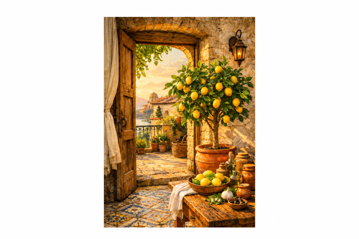 Portrait lemon tree and rustic Mediterranean doorway canvas on a white background - Portugal Canvas Co