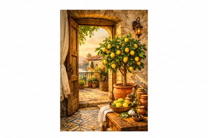 Portrait lemon tree and rustic Mediterranean doorway canvas on a white background - Portugal Canvas Co