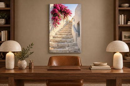 Greek staircase with pink bougainvillea canvas displayed in a taupe home study - Portugal Canvas Co