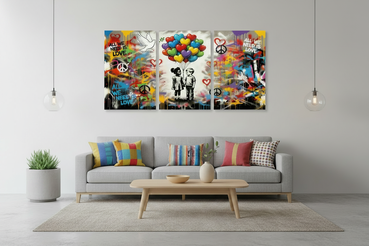 All We Need Is Love graffiti triptych canvas wall art displayed above a grey sofa in a contemporary urban living room with colourful cushions - Portugal Canvas Co