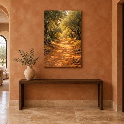 Sunlit olive grove path canvas above an oak console in a terracotta entrance hall - Portugal Canvas Co