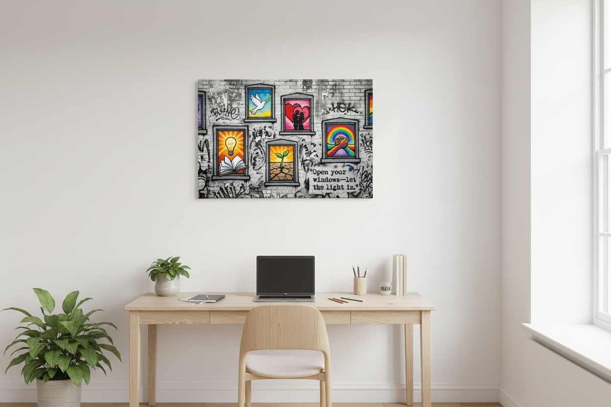 Open your windows let the light in Banksy style canvas wall art displayed on the wall of a bright modern home office with wooden desk and natural light - Portugal Canvas Co