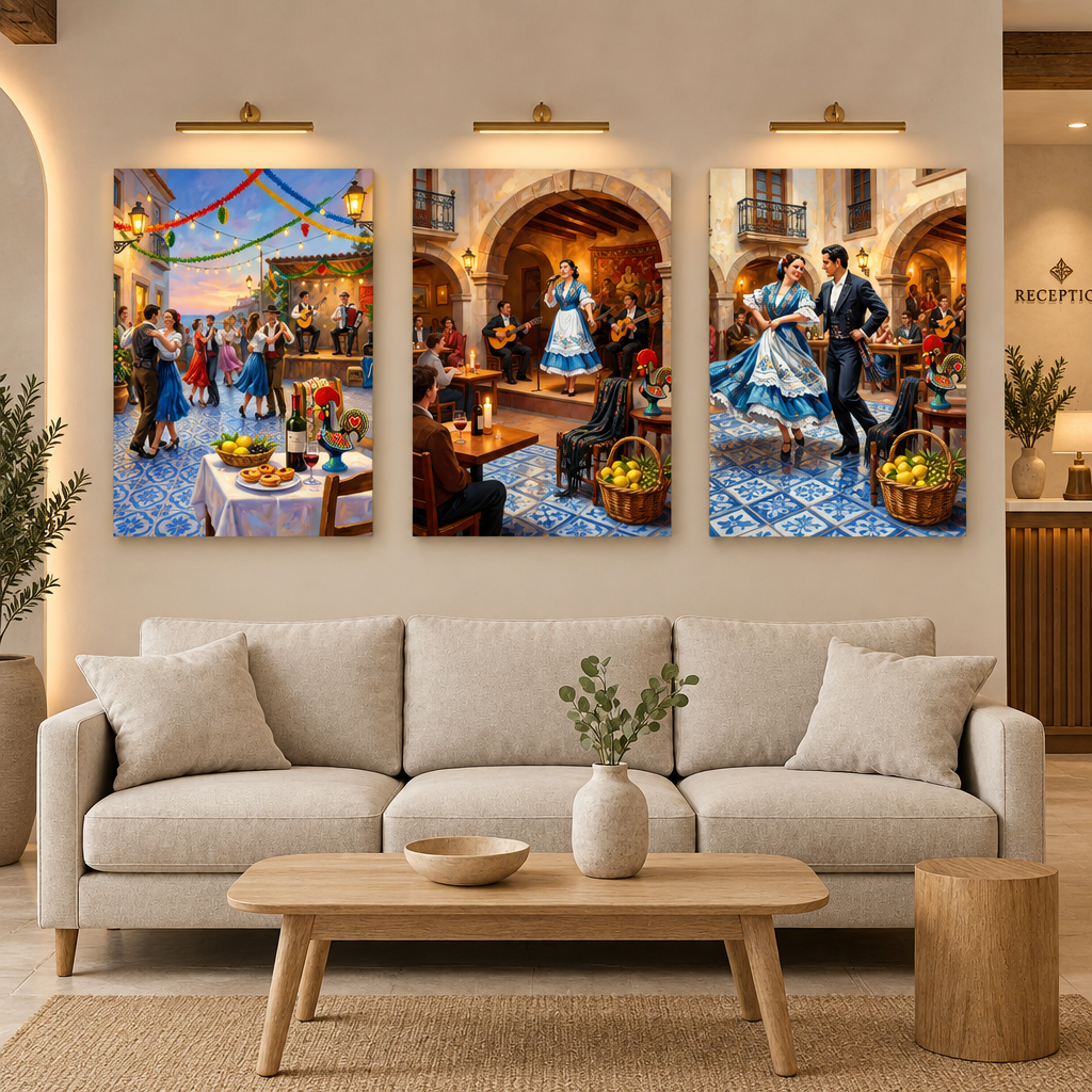Three-piece Portuguese celebration canvas art above a boutique hotel lobby sofa - Portugal Canvas Co