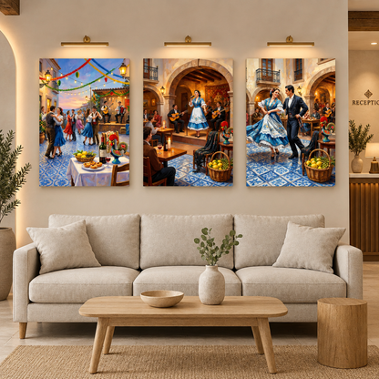 Three-piece Portuguese celebration canvas art above a boutique hotel lobby sofa - Portugal Canvas Co