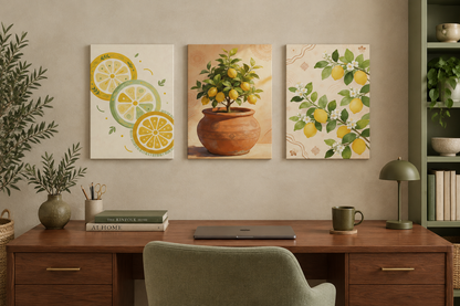 Three-piece Mediterranean lemon canvas set above a walnut desk in a neutral home office - Portugal Canvas Co