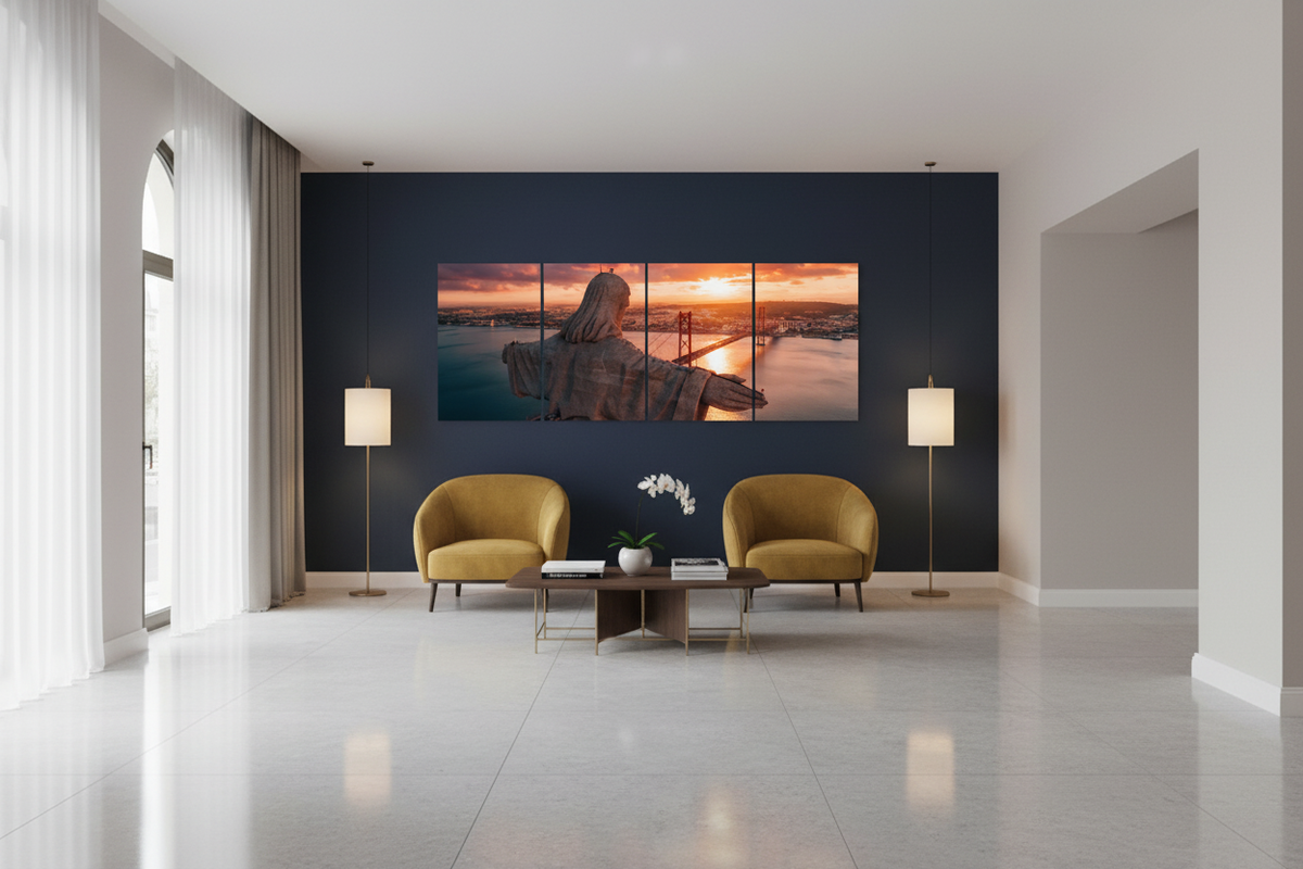 Four-panel Cristo Rei Lisbon canvas wall art in a boutique Lisbon hotel lobby - Portugal Canvas Co