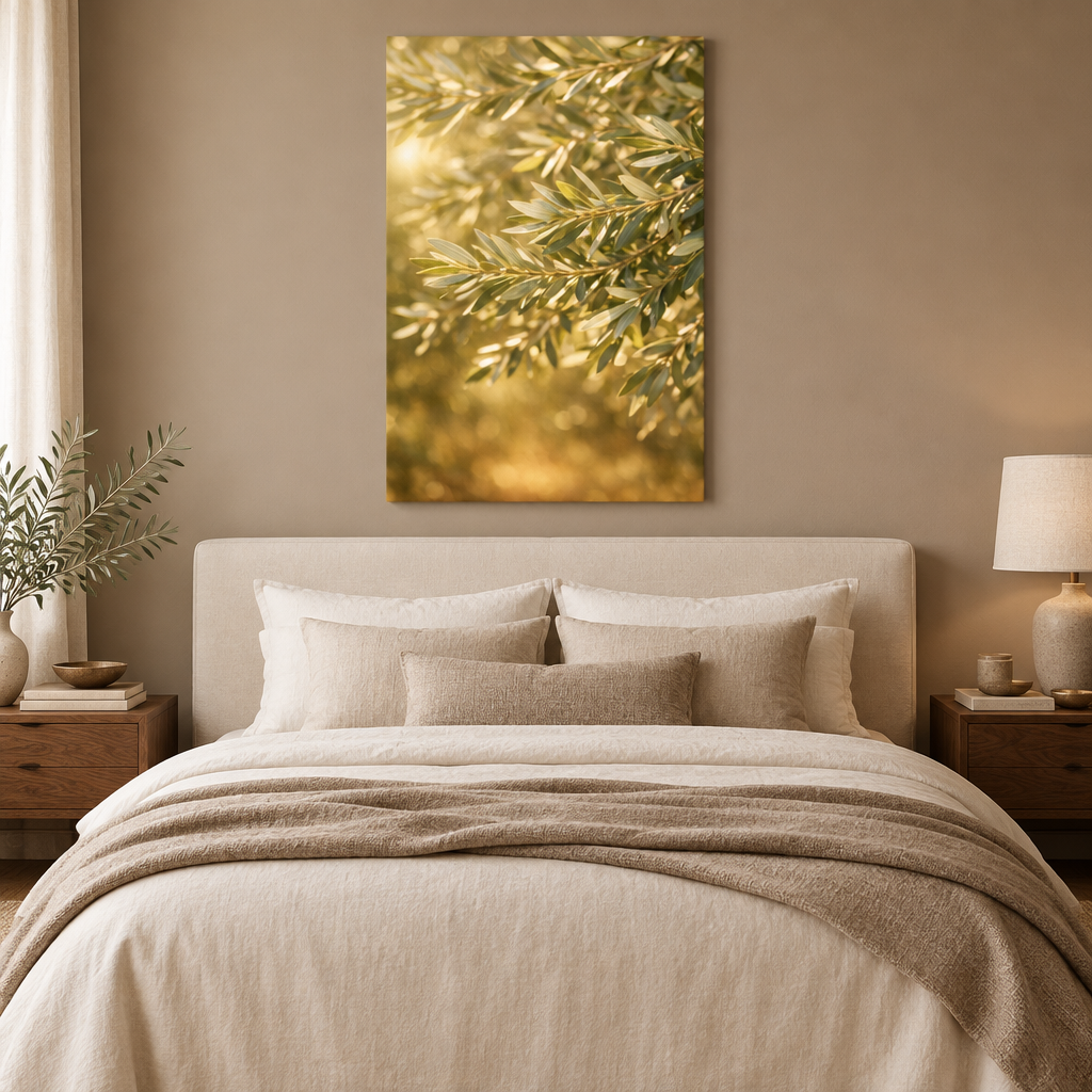 Golden olive branches canvas above an ivory bed in a warm taupe bedroom - Portugal Canvas Co