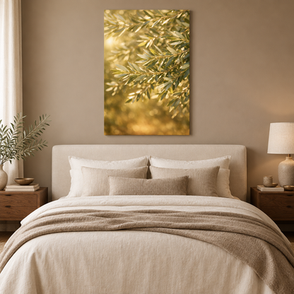Golden olive branches canvas above an ivory bed in a warm taupe bedroom - Portugal Canvas Co