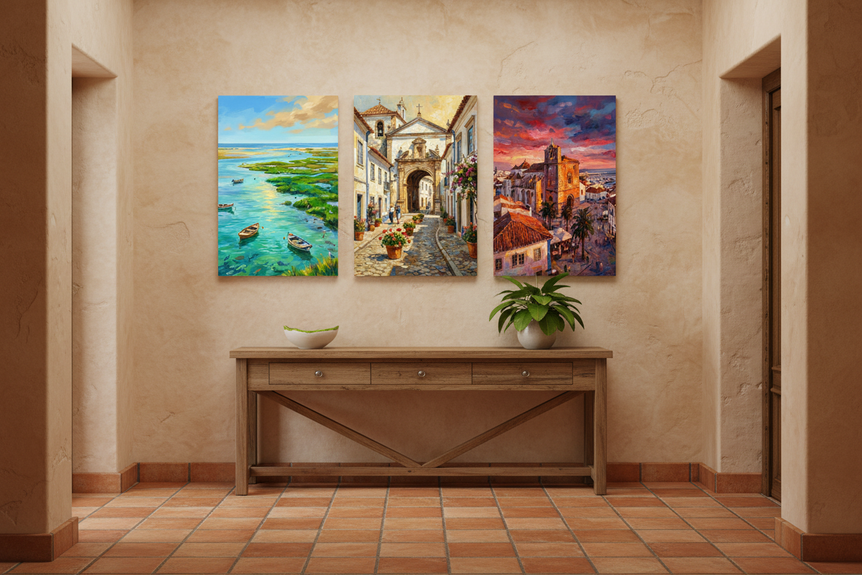Faro Portugal triptych canvas wall art set displayed in a warm rustic hallway entryway - Portugal Canvas Co
