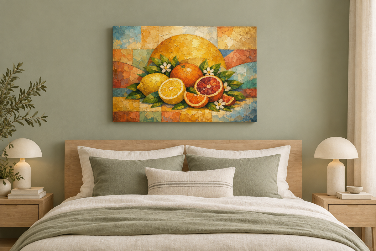 Citrus fruit still life gallery-wrapped canvas above pale oak bed in a sage and cream bedroom - Portugal Canvas Co