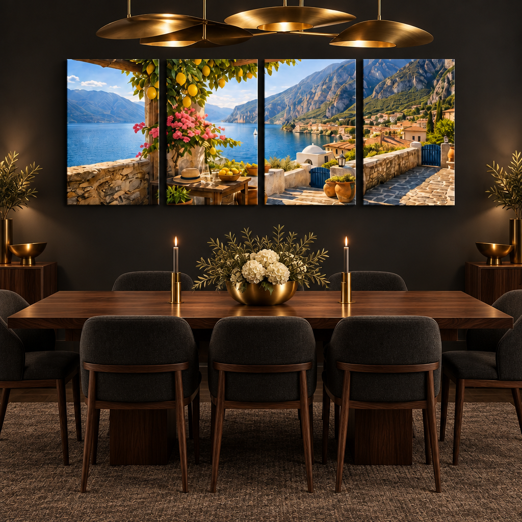 Mediterranean terrace four-panel canvas set in a charcoal dining room with brass pendant lighting - Portugal Canvas Co