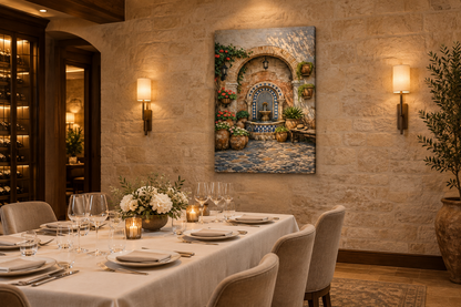 Portrait Mediterranean tile fountain canvas on a warm stone wall in a fine dining private room - Portugal Canvas Co