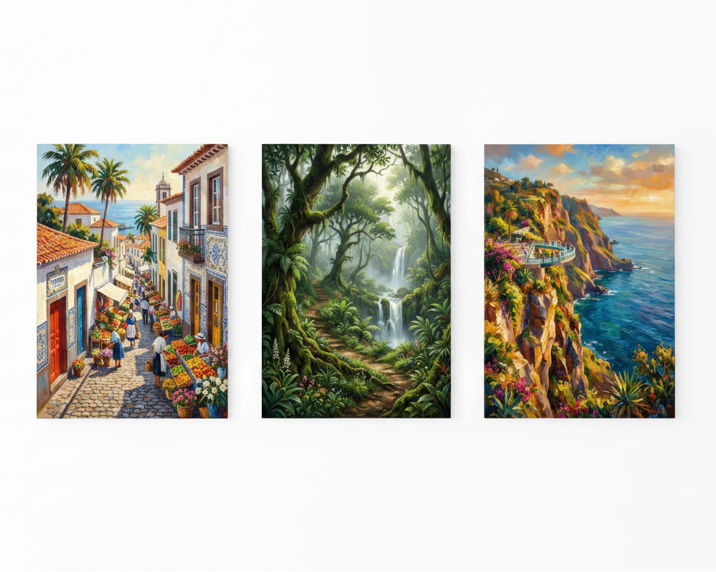 Azores Portugal coastal cliffs forest and village triptych canvas wall art set flat lay on white background - Portugal Canvas Co