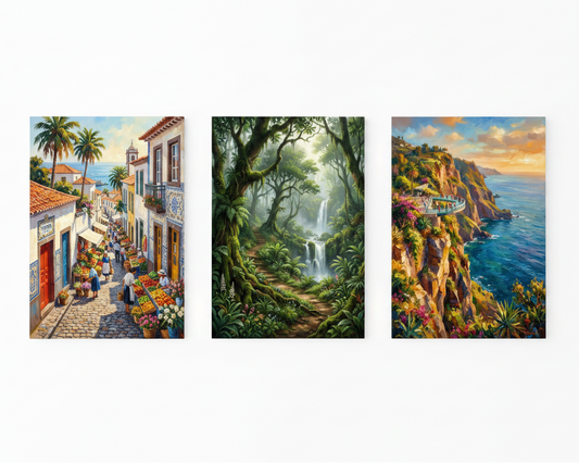 Azores Portugal coastal cliffs forest and village triptych canvas wall art set flat lay on white background - Portugal Canvas Co