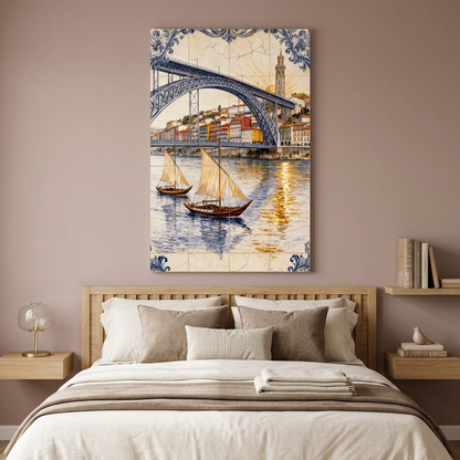 Porto bridge and sailboats azulejo-style canvas in a dusty rose bedroom - Portugal Canvas Co