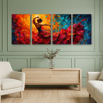 Four-panel flamenco dancer canvas artwork in a sage-green room with light oak furniture and ivory armchairs - Portugal Canvas Co