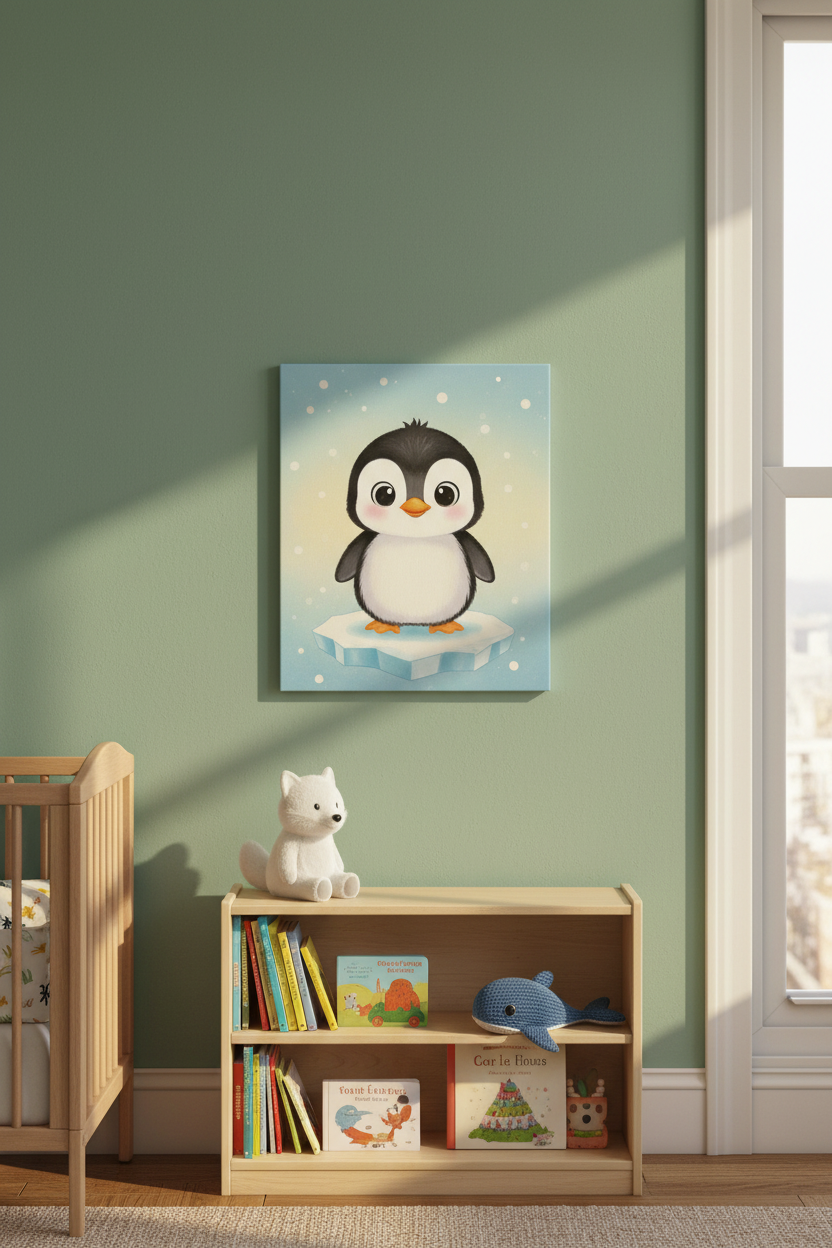 Cute baby penguin nursery canvas wall art on a sage green nursery wall above a wooden bookshelf - Portugal Canvas Co