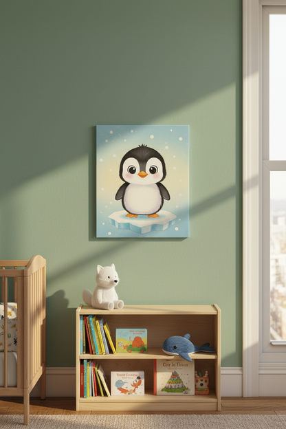 Cute baby penguin nursery canvas wall art on a sage green nursery wall above a wooden bookshelf - Portugal Canvas Co