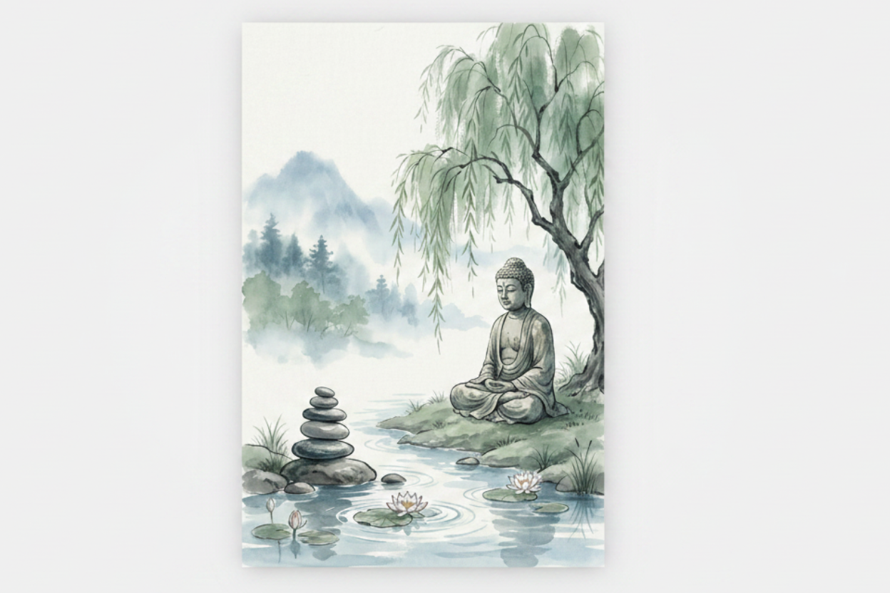 Meditating Buddha zen pond willow tree watercolor canvas print flat lay on white background - Portugal Canvas Co