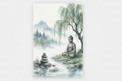 Meditating Buddha zen pond willow tree watercolor canvas print flat lay on white background - Portugal Canvas Co