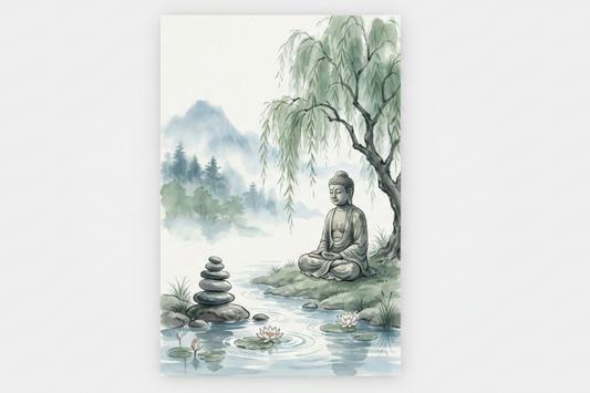 Meditating Buddha zen pond willow tree watercolor canvas print flat lay on white background - Portugal Canvas Co