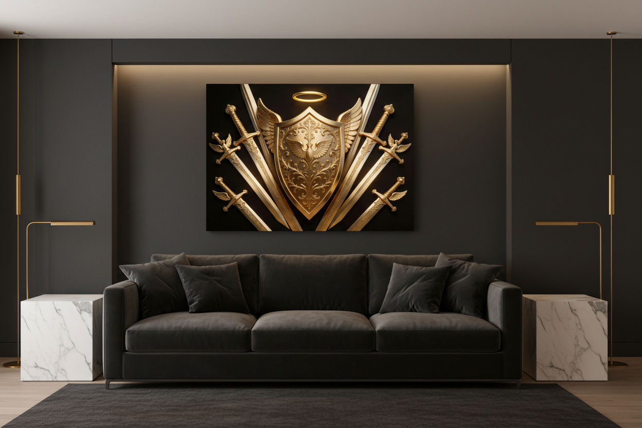 Divine Golden Shield and Angelic Swords canvas wall art displayed on the wall of a sophisticated modern living room with dark charcoal walls and gold accents - Portugal Canvas Co