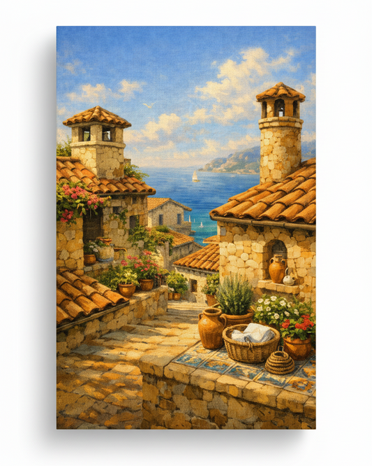 Mediterranean coastal village canvas print with terracotta rooftops and sea view on white background - Portugal Canvas Co