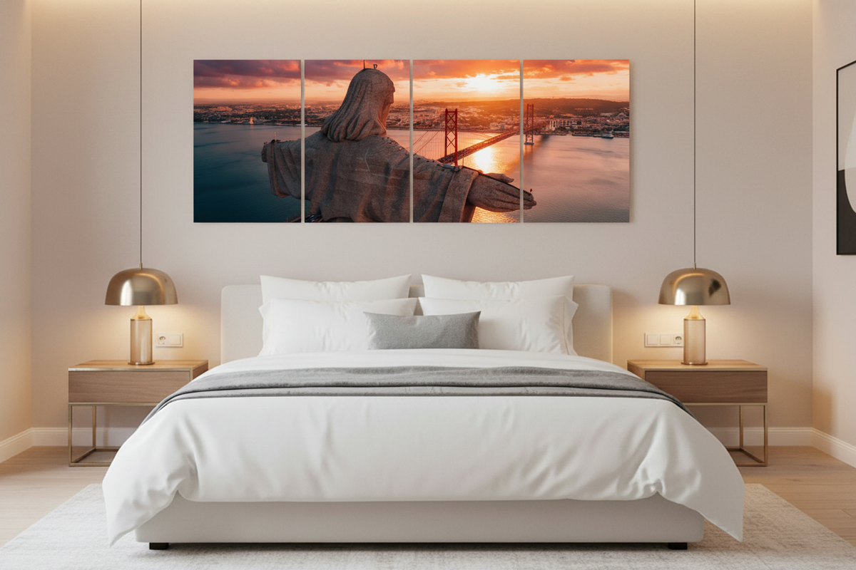 Four-panel Cristo Rei Lisbon canvas wall art in a bright windowless hotel suite - Portugal Canvas Co