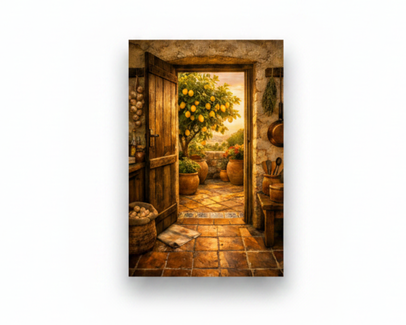 Mediterranean rustic open door lemon tree canvas wall art on white background - Portugal Canvas Co