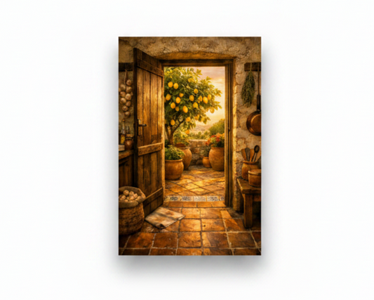 Mediterranean rustic open door lemon tree canvas wall art on white background - Portugal Canvas Co
