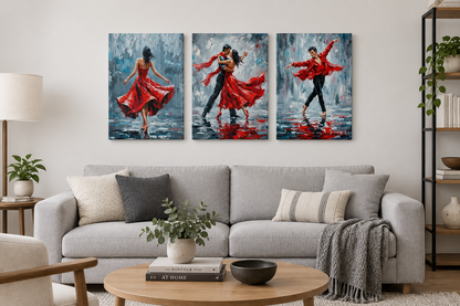 Three panel red dress dance canvas set hung with even gaps on a white living room wall above a light grey sofa - Portugal Canvas Co