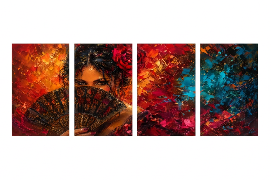 Woman with fan canvas artwork across four tall portrait panels on a white background - Portugal Canvas Co
