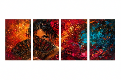 Woman with fan canvas artwork across four tall portrait panels on a white background - Portugal Canvas Co