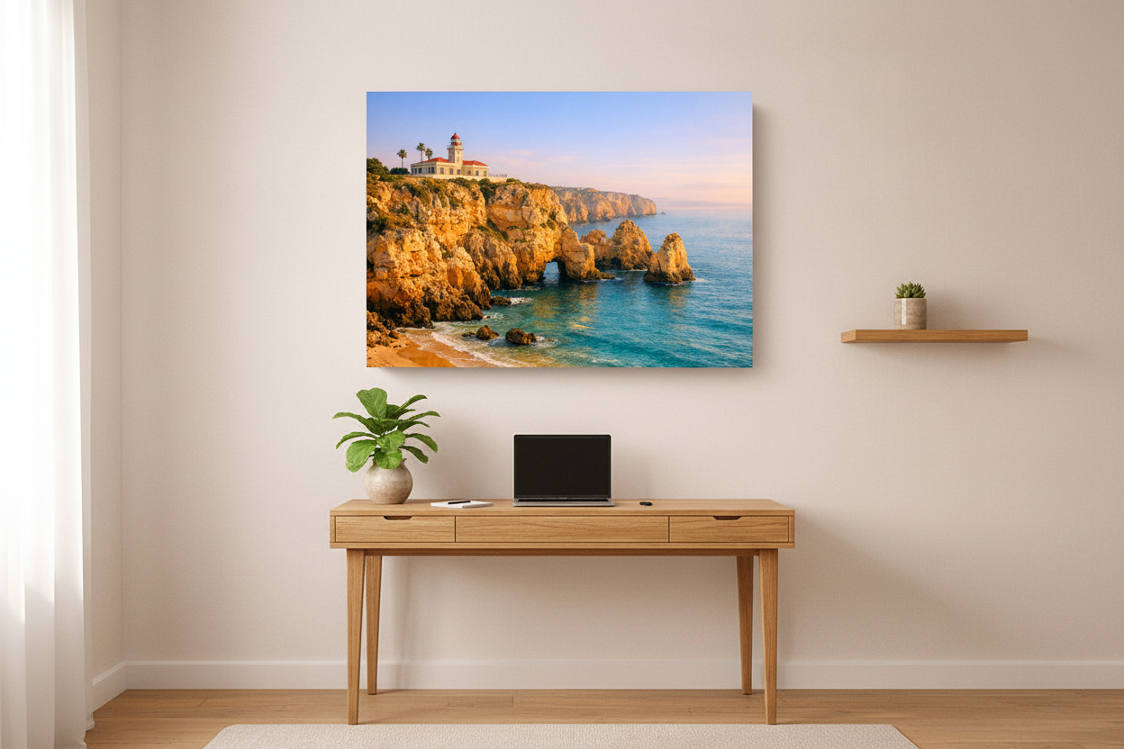 Ponta da Piedade Lagos lighthouse Algarve coastal canvas wall art displayed above a wooden desk in a warm minimalist home study - Portugal Canvas Co