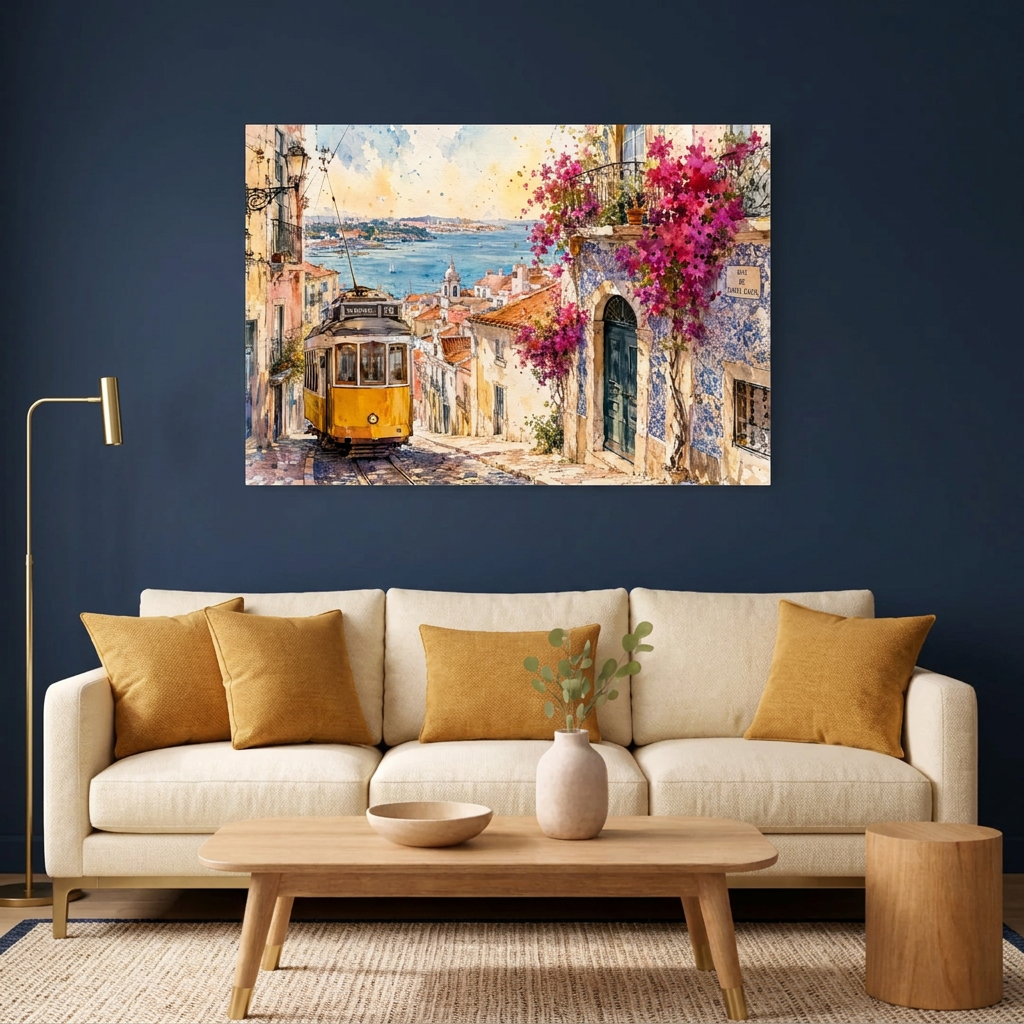 Lisbon yellow tram watercolour canvas above a cream sofa against a navy wall - Portugal Canvas Co