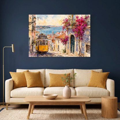 Lisbon yellow tram watercolour canvas above a cream sofa against a navy wall - Portugal Canvas Co