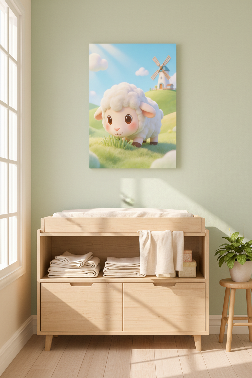 Cute baby lamb nursery canvas wall art on a pastel green nursery wall above a changing table - Portugal Canvas Co