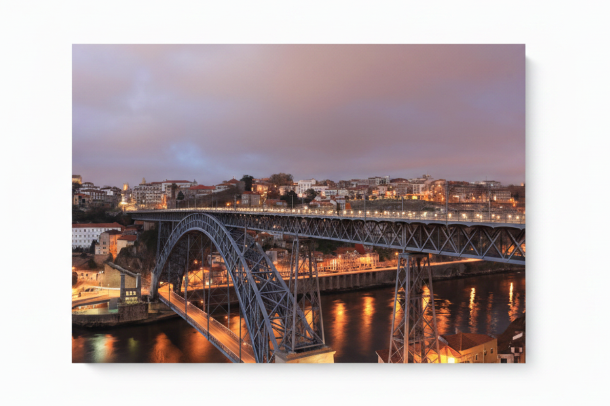 Porto Dom Luis I bridge night canvas wall art flat lay on white background - Portugal Canvas Co