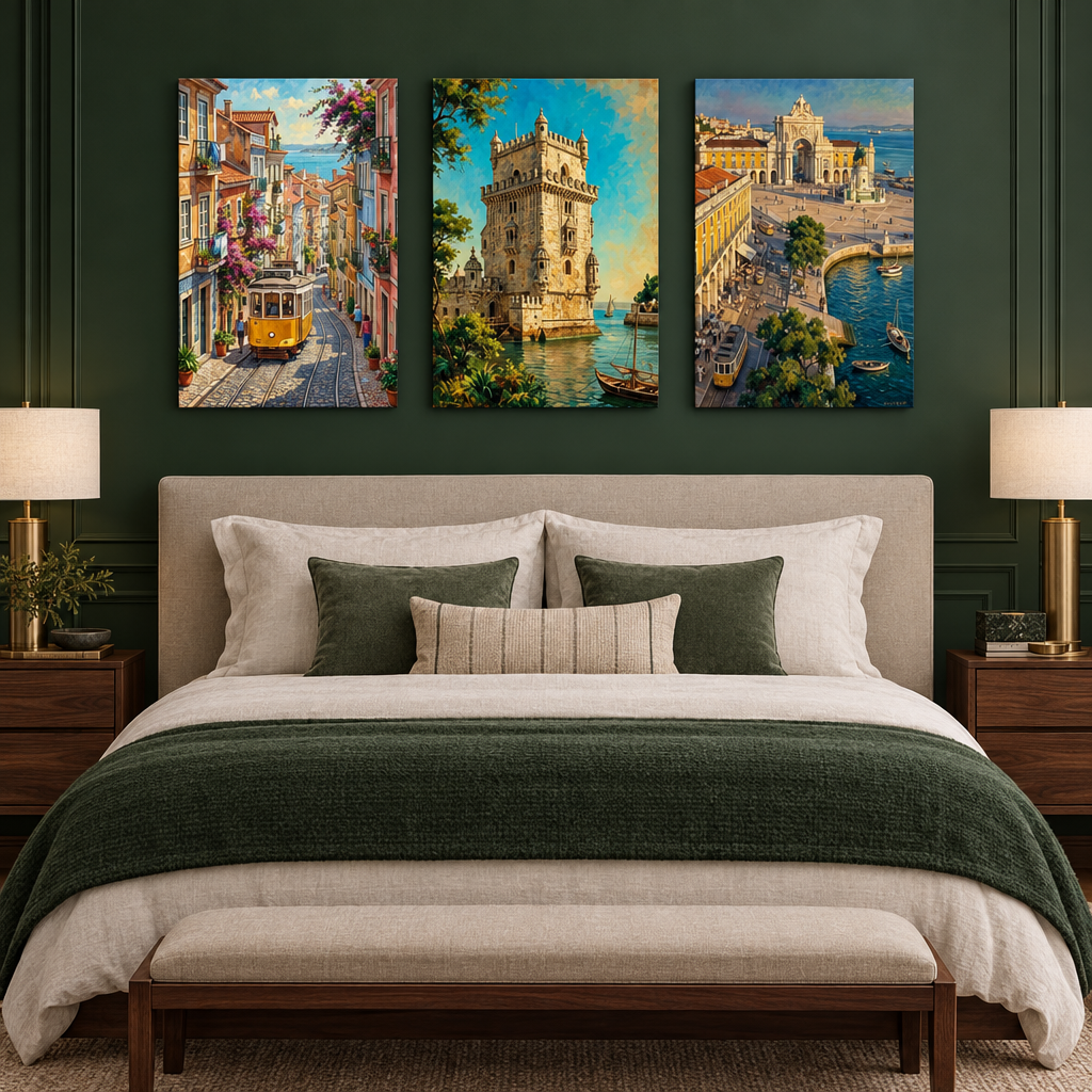 Lisbon three-panel canvas set with a yellow tram, Belém Tower and Praça do Comércio in a forest green bedroom - Portugal Canvas Co