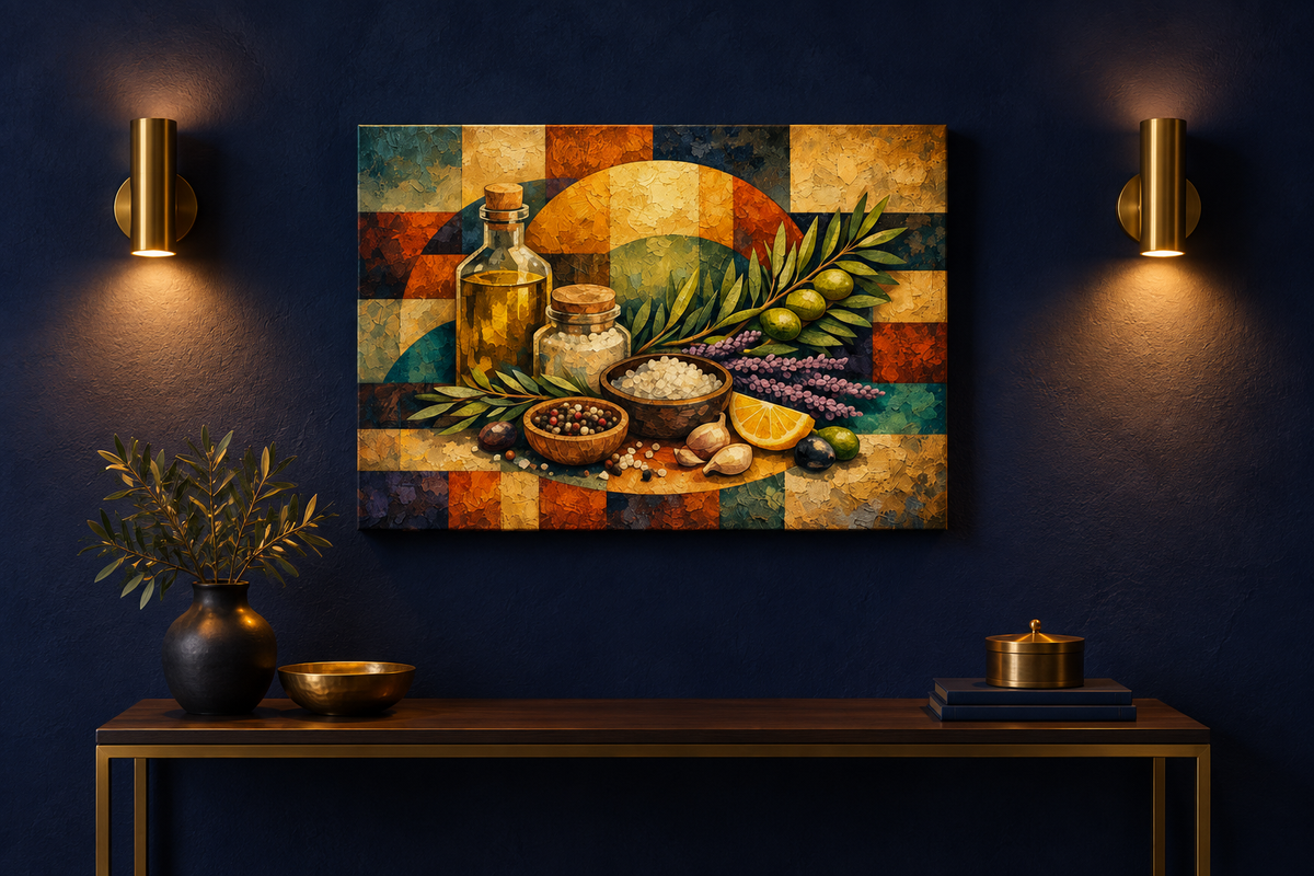 Cubist Mediterranean ingredients still life canvas on a deep indigo wall beneath warm brass sconces - Portugal Canvas Co