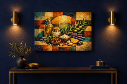 Cubist Mediterranean ingredients still life canvas on a deep indigo wall beneath warm brass sconces - Portugal Canvas Co