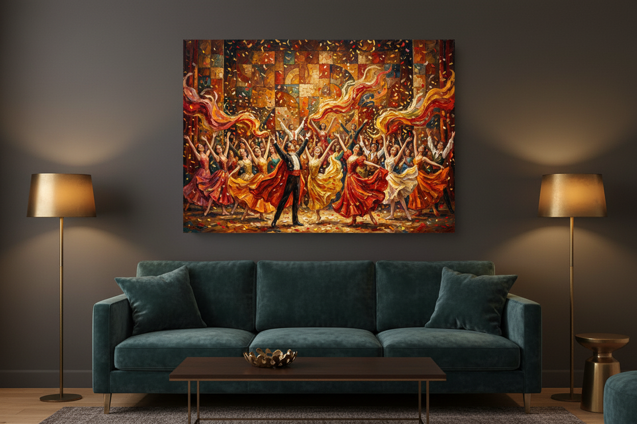 Vibrant festival dance performance canvas wall art on a charcoal grey wall in a dark moody living room with velvet sofa and brass accents - Portugal Canvas Co