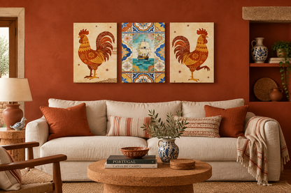 Galo de Barcelos rooster and tall ship canvas triptych in a terracotta quinta living room - Portugal Canvas Co