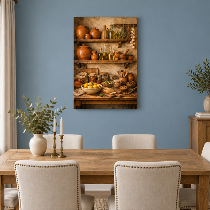 Rustic shelves with lemons, olive oil and terracotta jars canvas wall art in a dusty blue dining room - Portugal Canvas Co