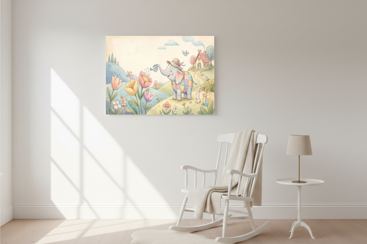 Whimsical elephant nursery canvas wall art in a bright airy nursery corner with rocking chair and knit throw - Portugal Canvas Co