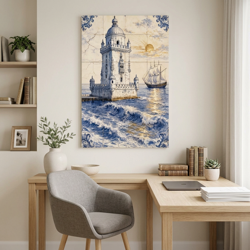 Belem Tower Portuguese azulejo-style canvas with ocean waves and sailing ship in a light wood home office - Portugal Canvas Co