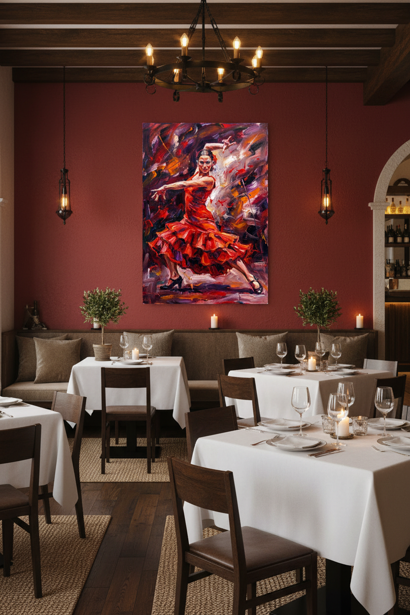 Flamenco dancer in red ruffled dress dramatic canvas wall art displayed on a deep red wall in an upscale Spanish restaurant with candlelit tables - Portugal Canvas Co