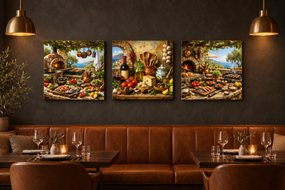 Mediterranean cooking three-square-panel canvas set above a cognac banquette in a charcoal restaurant lounge - Portugal Canvas Co